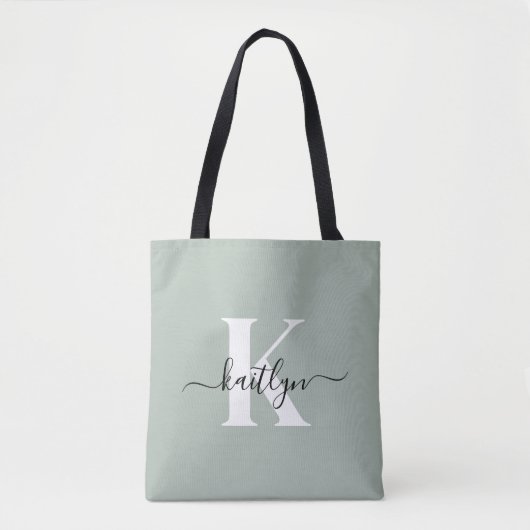 Moderne saliegroene script monogram draagtas (Voorkant)