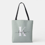 Moderne saliegroene script monogram draagtas (Achterkant)