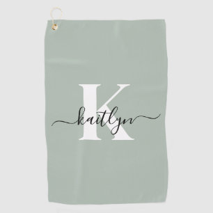 Moderne saliegroene script monogram golfhanddoek