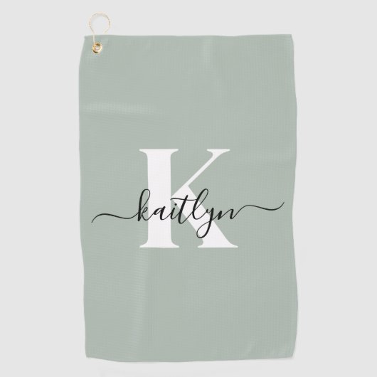 Moderne saliegroene script monogram golfhanddoek (Voorkant)