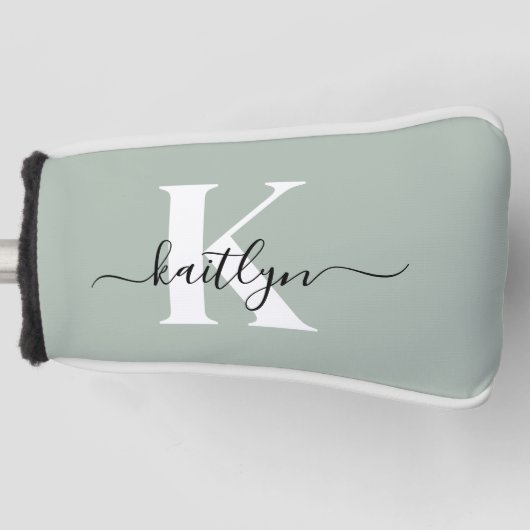 Moderne saliegroene script monogram golfheadcover (Voorkant)