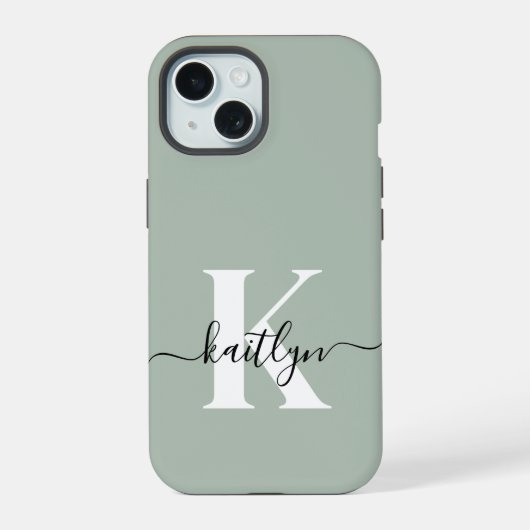 Moderne saliegroene script monogram iPhone 15 hoesje (Achterkant)