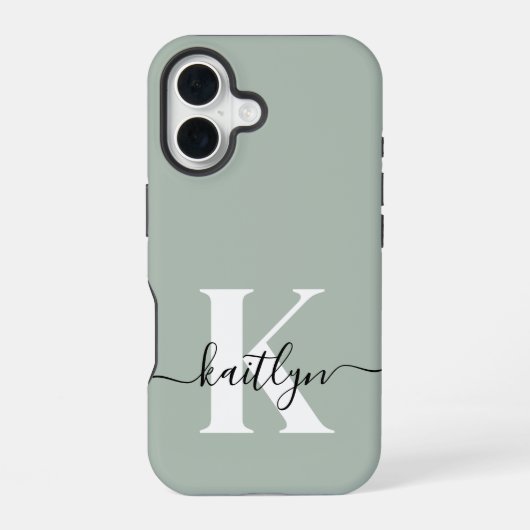 Moderne saliegroene script monogram iPhone 16 hoesje (Achterkant)