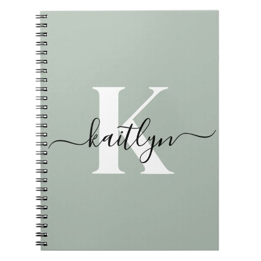 Moderne saliegroene script monogram notitieboek (Voorkant)