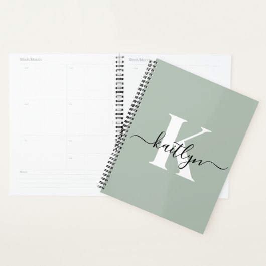 Moderne saliegroene script monogram planner (Display)