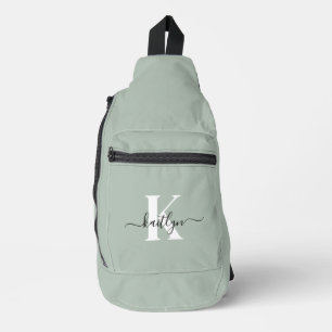Moderne saliegroene script monogram sling bag