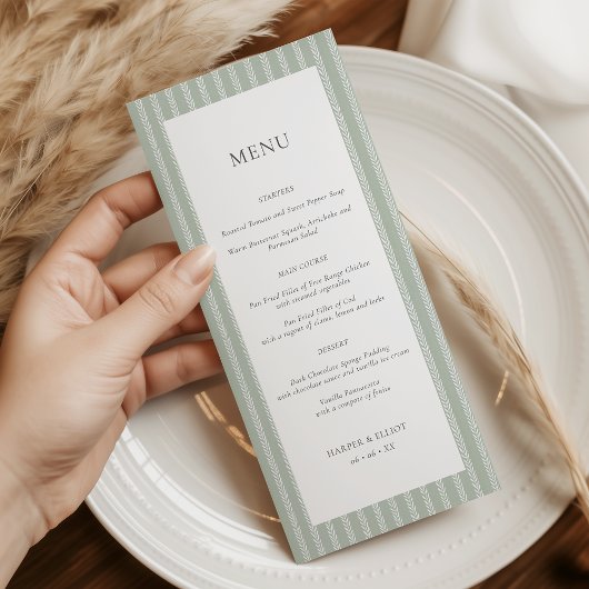 Moderne Saliegroene Strepen Bruiloft Menu