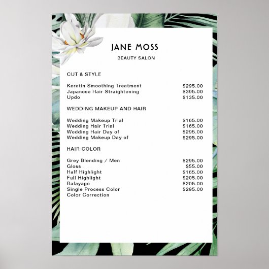 Moderne Salon Waterverf Tropische prijslijst Poster (Voorkant)