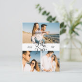 Moderne Save the Date 3 Foto Collage Script Briefkaart (Staand voorkant)