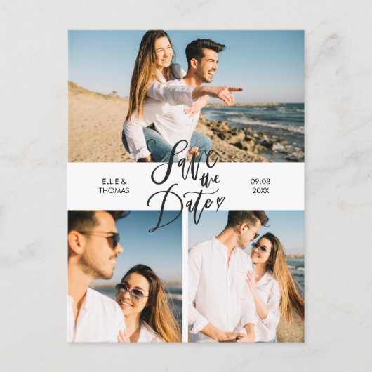 Moderne Save the Date 3 Foto Collage Script Briefkaart (Voorkant)