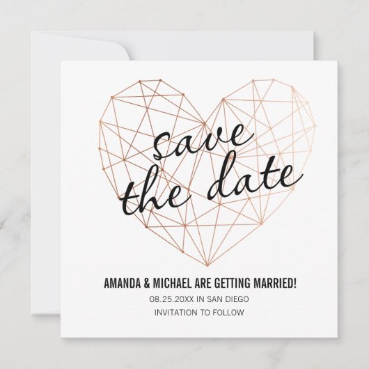 Moderne save the date geometrische roosgouden hart (Voorkant)