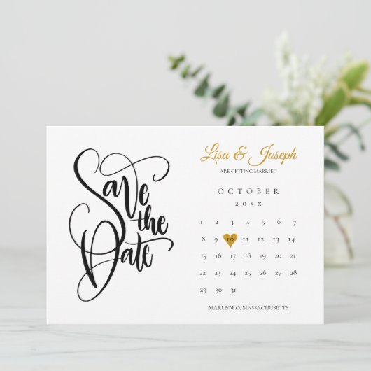 Moderne Save the Date Kalender Goud Hart Liefde Kaart (Staand voorkant)