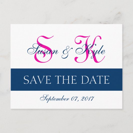 Moderne Save the Date Navy Blue, Fuchsia (F400A1) Aankondigingskaart (Voorkant)