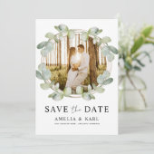 Moderne Save the Date Sage Groene Eucalyptus Huwel (Staand voorkant)