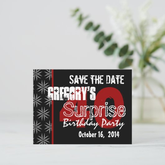 Moderne Save the Date Surprise 40e Zwart Rood v14 Aankondigingskaart (Staand voorkant)