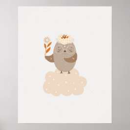 Moderne scandi schattige vogel op een wolk babykam poster