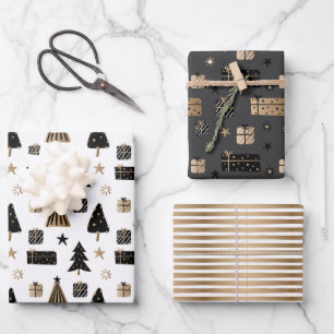 Moderne Scandinavische kerstpatronen Gold Black Inpakpapier Vel