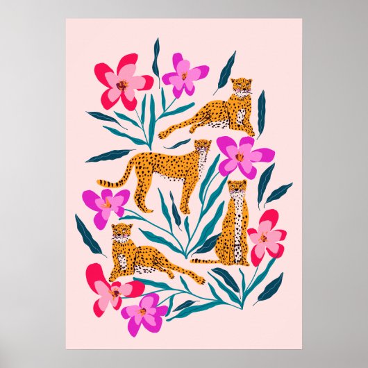 Moderne schattige cheetah met orchideeën poster (Voorkant)