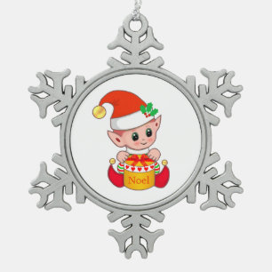 Moderne Schattige Kerstelf Tin Sneeuwvlok Ornament