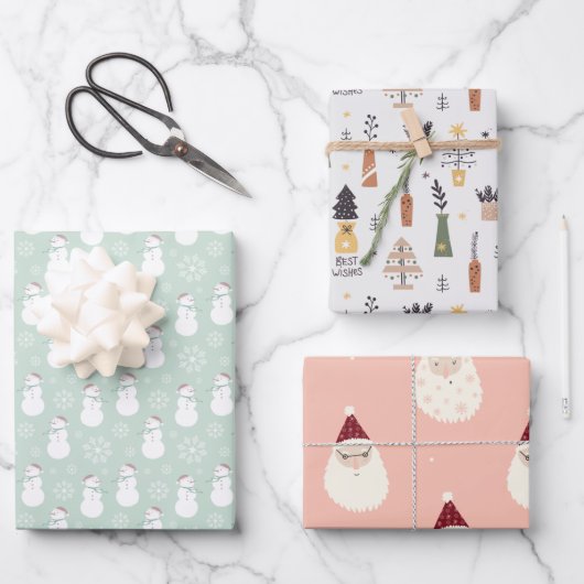 Moderne, schattige patroonsanta l snowman en tree inpakpapier vel (Voorkant)