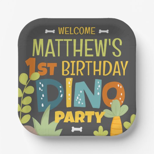 Moderne Schattigee Dino Dinosaur Kind is jarig Papieren Bordje (Voorkant)
