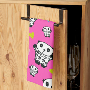 Moderne Schattigee Kawaii Panda roze harten Theedoek