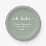 Moderne Schattigee Sage Groene Baby shower Aangepa Papieren Bordje