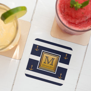 Moderne scheepsanker blauw wit goud monogram vierkante kartonnen onderzetter