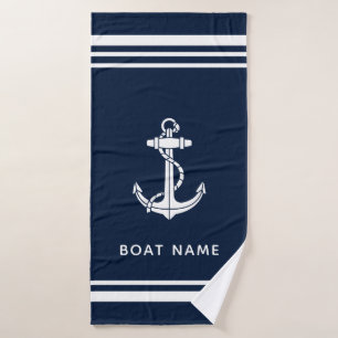 Moderne scheepsanker en naam Navy Blue op maat Badhanddoek