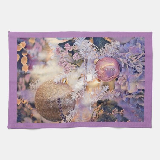 Moderne schilderende kerstbomen Paarse decoraties Theedoek (Horizontaal)