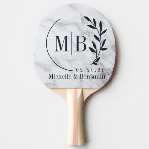 Moderne Schone Witte Marmeren Blad Bruiloft Monogr Tafeltennisbatje