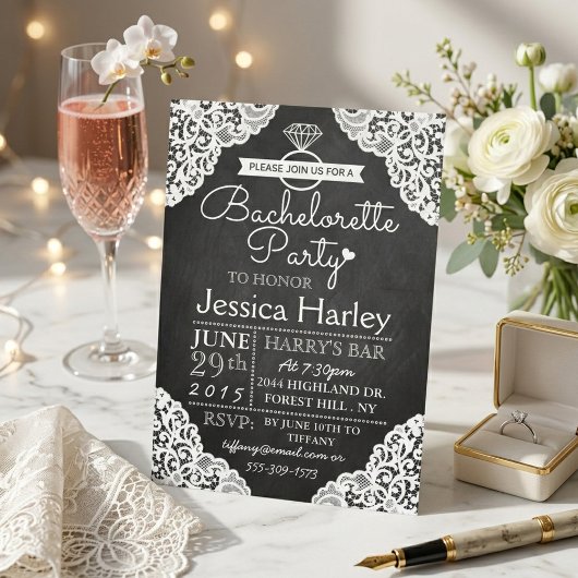 Moderne schoolbord & witte kant bacheloretteparty kaart