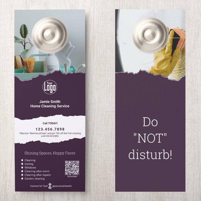 Moderne schoonmaakdienst Promotionele Aangepaste (Modern Cleaning Service Promotional Custom Door Hanger: Logo, QR code, CTA, Terms, Services, Motto)
