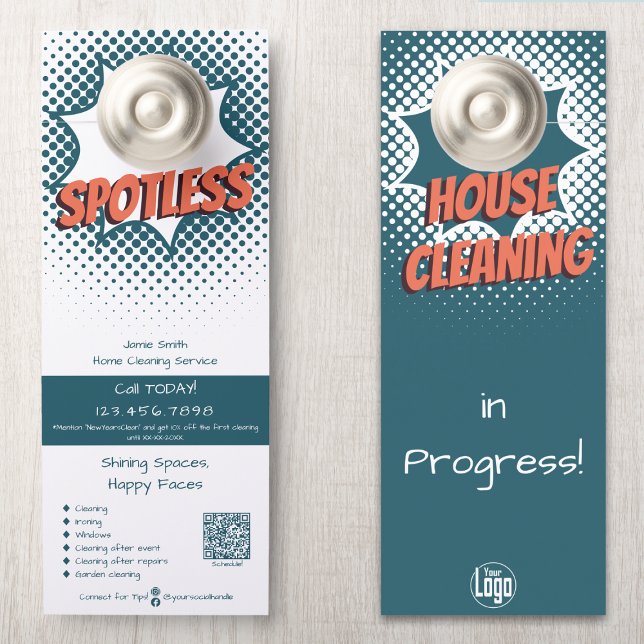 Moderne schoonmaakservice voor het huis Promotiona (Modern House Cleaning Service Promotional Custom Door Hanger - Spotless Burst Design, Blue White)