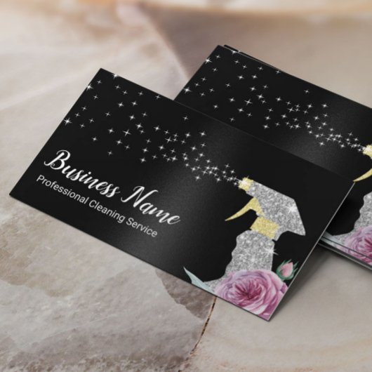 Moderne schoonmaakservice Zilveren Spray Zwart Visitekaartje