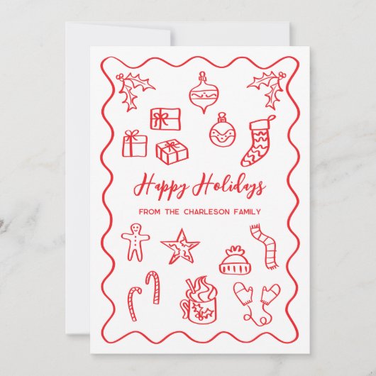 Moderne Scribble Illustratie Doodle Rood en Wit Feestdagenkaart (Voorkant)