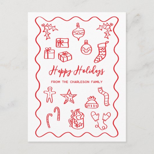 Moderne Scribble Illustratie Doodle Rood en Wit Feestdagenkaart (Voorkant)