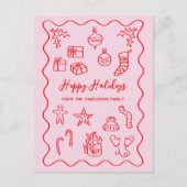 Moderne Scribble Illustratie Doodle Roze en Rood Feestdagenkaart (Voorkant)