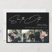 Moderne script 3 foto's eenvoudige zwarte bruiloft save the date (Voorkant)