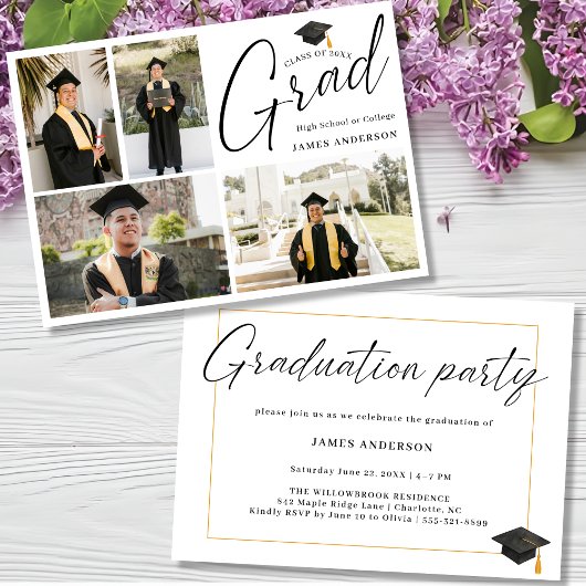 Moderne Script 4 Foto Collage Afstudeerfeest Kaart