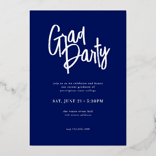 Moderne Script Arch Foto Blauw Afstudeerfeest Folie Uitnodiging (Achterkant)