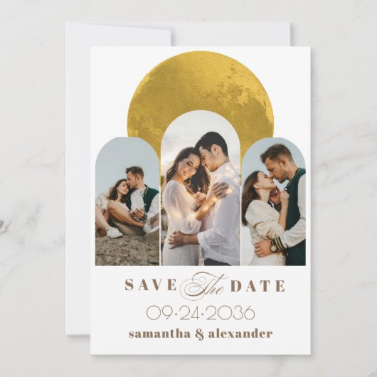 Moderne Script Arch Hemelse Maan 3 Foto Elegant Save The Date (Voorkant)