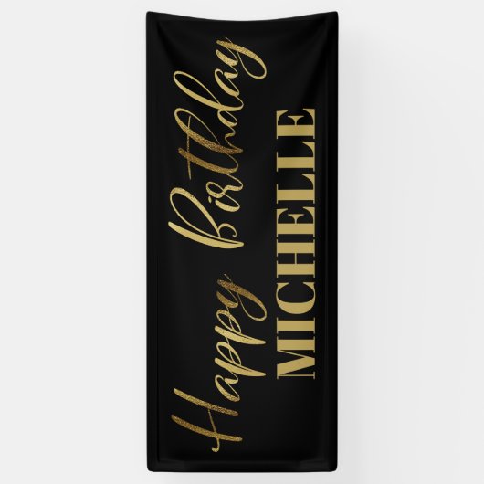 Moderne Script Black Gold Happy Birthday Spandoek (Verticaal)