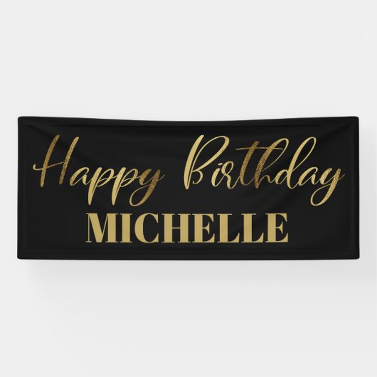 Moderne Script Black Gold Happy Birthday Spandoek (Horizontaal)