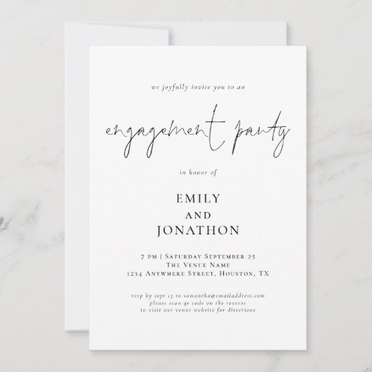 Moderne Script Black White Engagement Party Kaart (Voorkant)