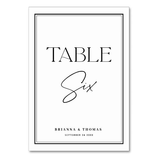 Moderne Script Black & White Table Number 6 Kaart (Achterkant)