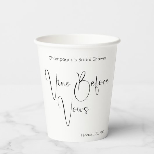 Moderne Script Bruidsbruiloft Vino Voor Beloften Papieren Bekers (Achterkant)