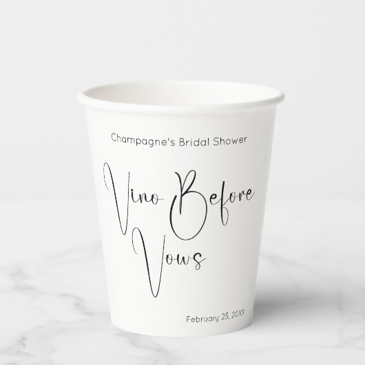 Moderne Script Bruidsbruiloft Vino Voor Beloften Papieren Bekers (Voorkant)