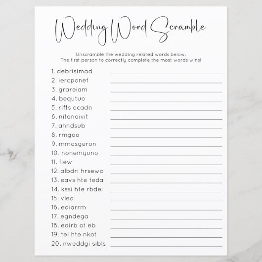 Moderne Script Bruidsfeest Woordzoekspel (Voorkant)