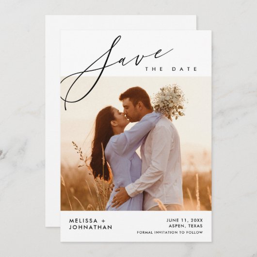 Moderne Script bruiloft ceremonie, diner viering Save The Date (Voorkant / Achterkant)